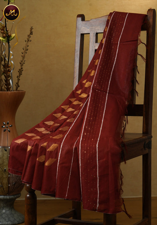 Bhagelpuri Cotton Saree in allself Maroon colour  with sequence pallu and golden zari butta