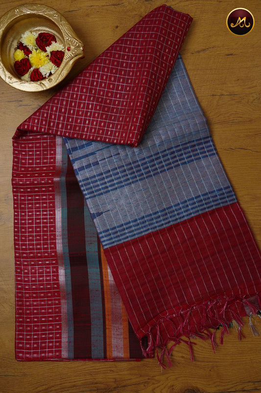 Raw Silk Saree in Red and Peacock Blue Combination With Checks and Border