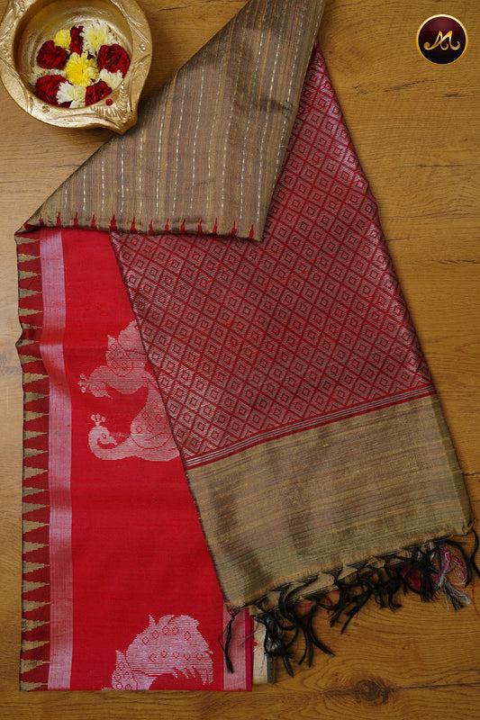 Raw Silk Saree in Beige and Red Combination With Strips and Motif Border