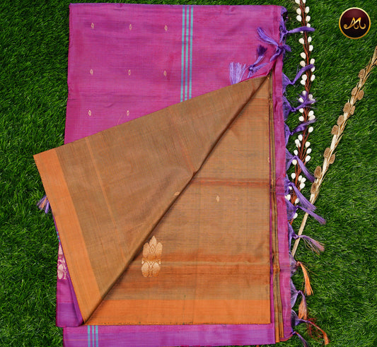 Banana Pith Saree in Honey Gold and Magenta Pink combination with Thread Butta