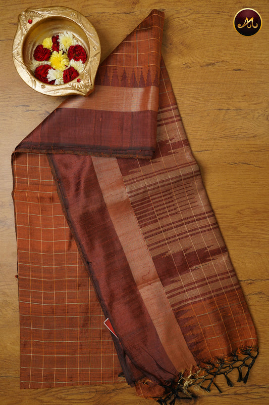 Raw Silk Saree in Rusty Brown and Chocolate brown Combination With Checks and temple weave