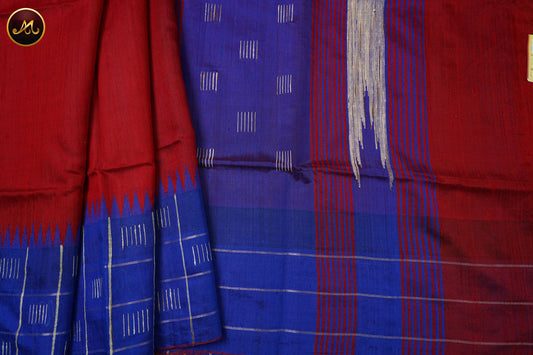 Raw Silk Saree in Red and Royal Blue Combination With  Silk Butta and Checks Border