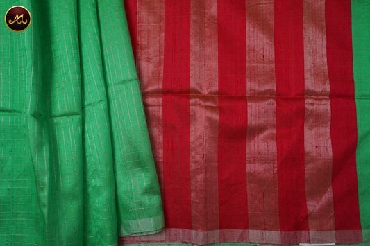 Raw Silk Saree in Parrot Green and red Combination With Checks and Pencil Border