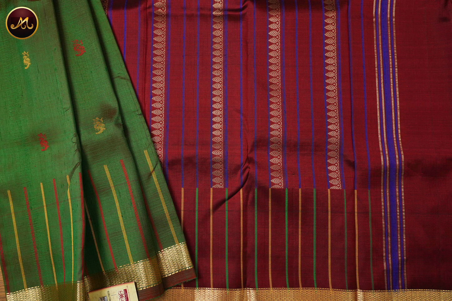 Raw Silk Saree in Mehendi Green and Maroon Combination With Butta