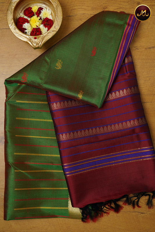 Raw Silk Saree in Mehendi Green and Maroon Combination With Butta