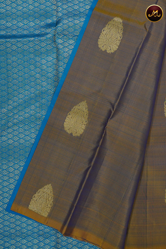 Kanchivaram Silk Saree in Olive Brown And Pink Combination with copper Zari Motifs