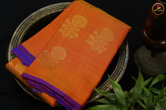 Kanchivaram Silk Saree in Orange and Blue Combination with Gold Zari Motifs