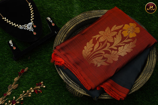 Kanchivaram Pure Silk in Dark Moss Green and Brick Red combination and Gold Long Butta Border