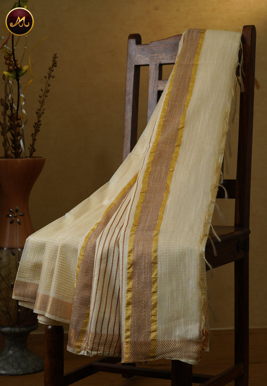 Bhagelpuri Cotton Saree in allself Off white colour  with golden zari and border and thread work