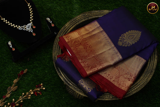 Kanchivaram Pure Silk in Royal blue and Maroon red combination and  Golden Zari Korvai Border
