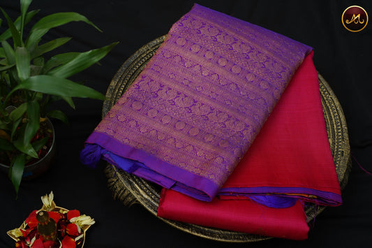 Kanchivaram Pure Silk in Half Brocade Pattern in Rani Pink And Purple combination with Golden Zari Work