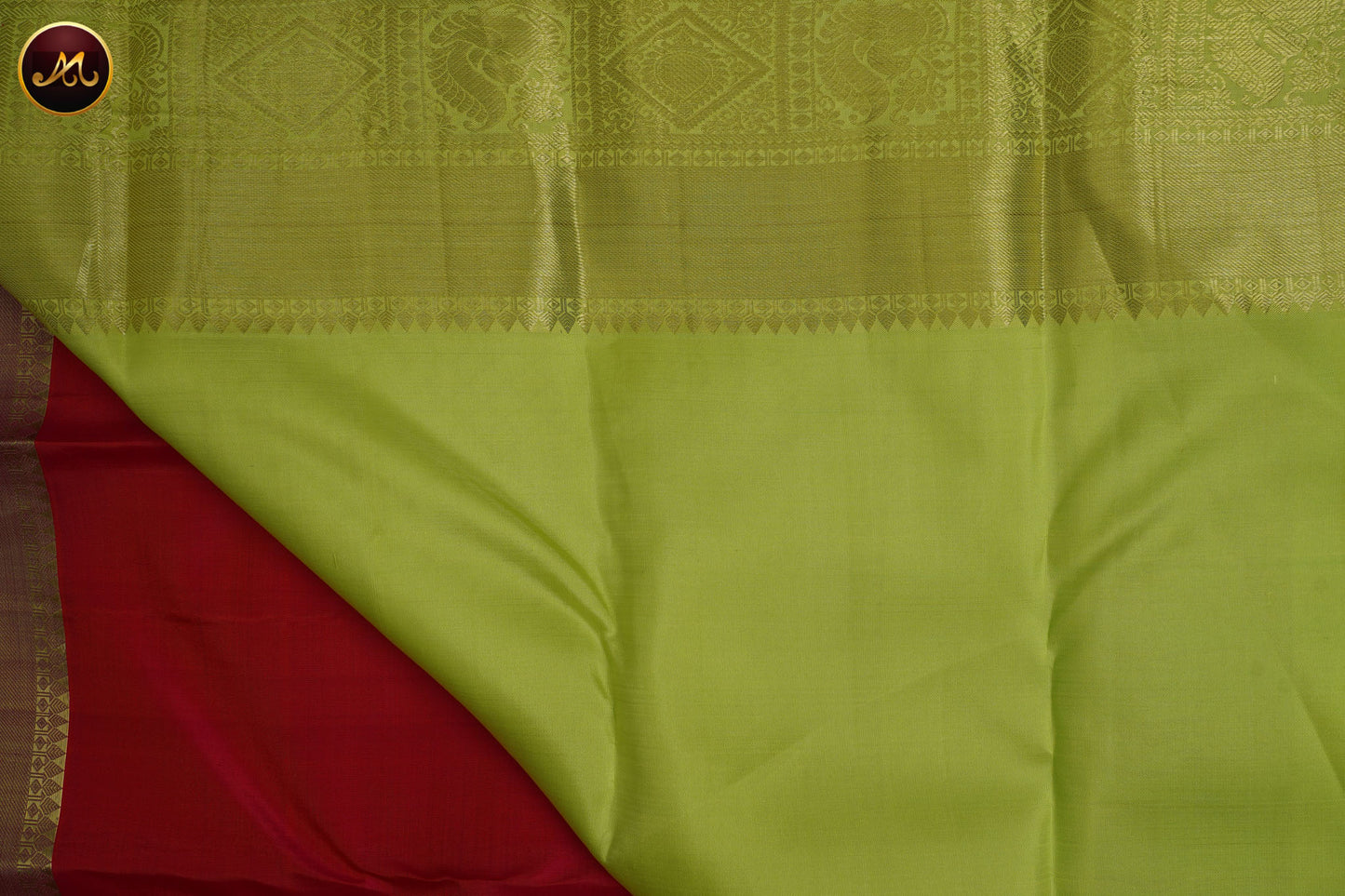 Kanchivaram Pure Silk in Brocade Pattern in Peach And Pista green combination with Golden Long Border