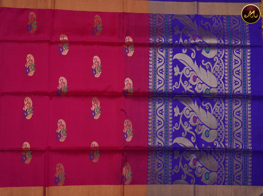 Kanchi Soft Silk Saree in Rani Pink and Ink Blue Combination with Silk and Zari Pallu and simple border