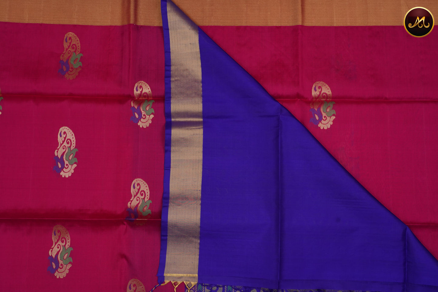 Kanchi Soft Silk Saree in Rani Pink and Ink Blue Combination with Silk and Zari Pallu and simple border