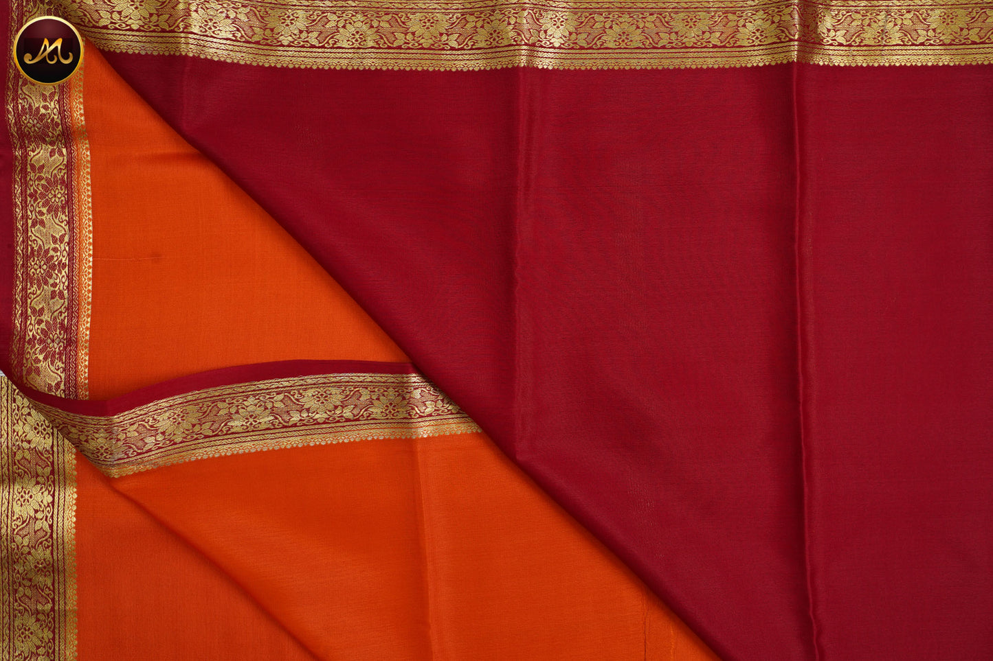Mysore Crepe Silk saree Orange and red combination Gold zari Border