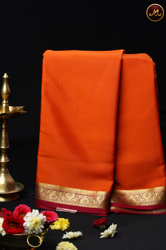 Mysore Crepe Silk saree Orange and red combination Gold zari Border