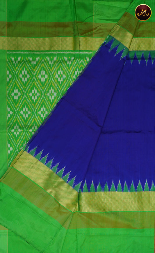 Pochampally Double Ikat Silk Royal  Blue and Parrot Green with Kanchi  Gold Zari Border