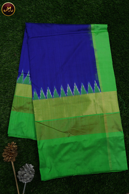 Pochampally Double Ikat Silk Royal  Blue and Parrot Green with Kanchi  Gold Zari Border