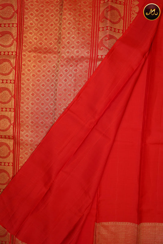 Kanchivaram Pure Silk Golden Zari Double side Turning Border Saree in Allself Red combination with Rich pallu