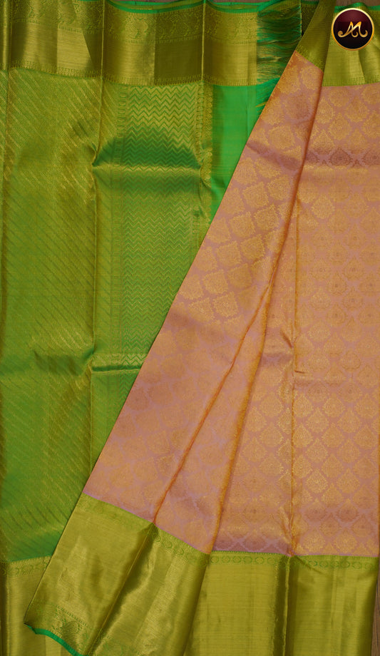 Kanchivaram Pure Silk Saree in Peach and Parrot Green combination with Brocade work in gold zari and rich pallu