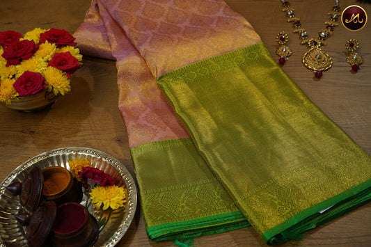 Kanchivaram Pure Silk Saree in Peach and Parrot Green combination with Brocade work in gold zari and rich pallu