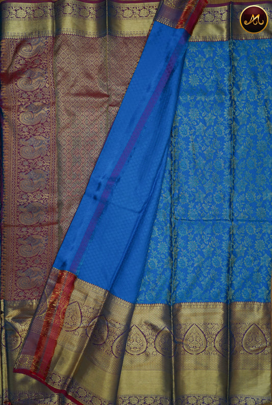Kanchivaram Pure Silk Saree in Ananda Blue and Maroon combination with brocade work, long and short border in gold zari and rich pallu