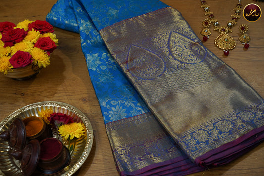Kanchivaram Pure Silk Saree in Ananda Blue and Maroon combination with brocade work, long and short border in gold zari and rich pallu