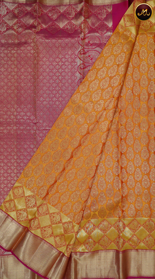 Kanchivaram Pure Silk Saree in Orange and Pink combination with brocade work, gold zari border and rich pallu
