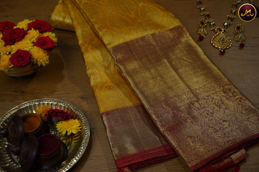 Kanchivaram Pure Silk Saree in Yellow and Red combination with brocade work, long and short border in gold zari and rich pallu