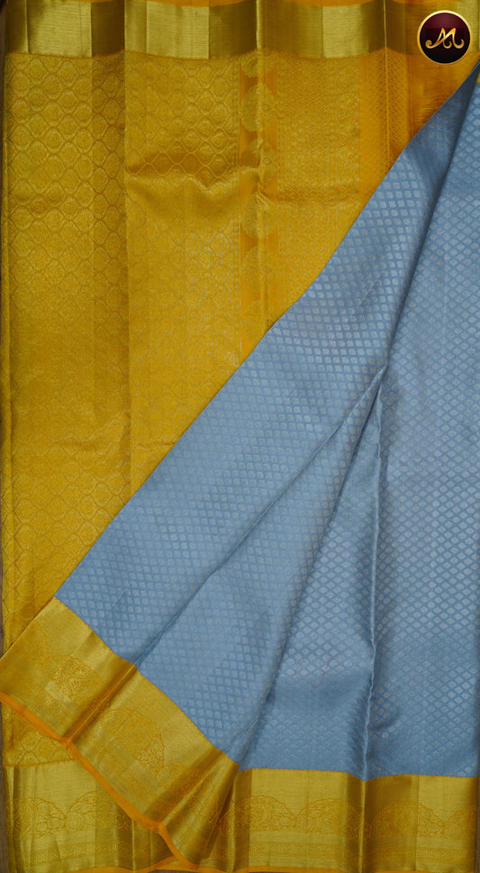 Kanchivaram Pure Silk Saree in Grey and Yellow combination with Brocade work in gold and silver zari and rich pallu