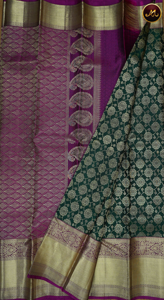 Kanchivaram Pure Silk Saree in snuff green and magenta combination, korvai long and short border in gold zari and rich pallu