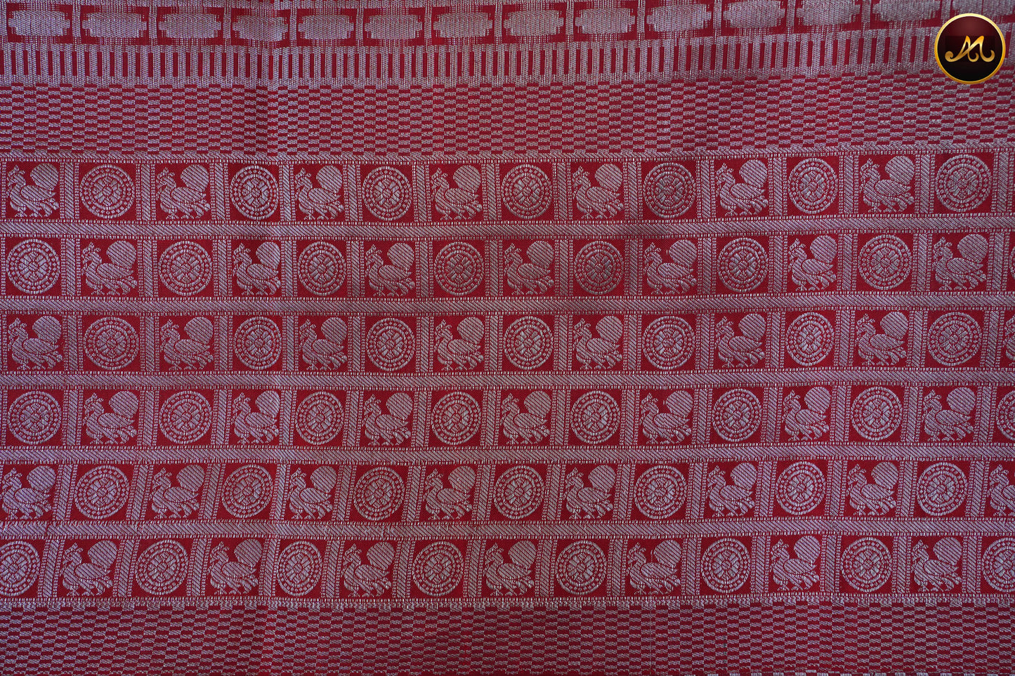 Kanchivaram Pure Silk Saree in red combination with brocade work, long and short border in silver zari and rich pallu