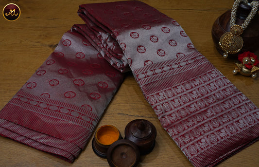 Kanchivaram Pure Silk Saree in red combination with brocade work, long and short border in silver zari and rich pallu