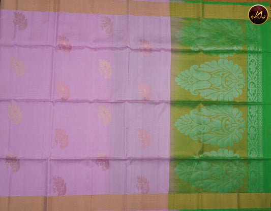 Kanchi Soft Silk Saree in Lavender and Pista Green Combination with Silk and Zari Pallu and simple border