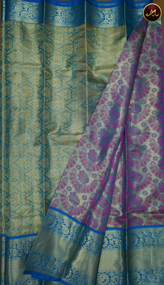 Kanchivaram Pure Silk Saree in Ice blue and ananda blue combination, brocade work, long and short border in gold zari anf rich pallu