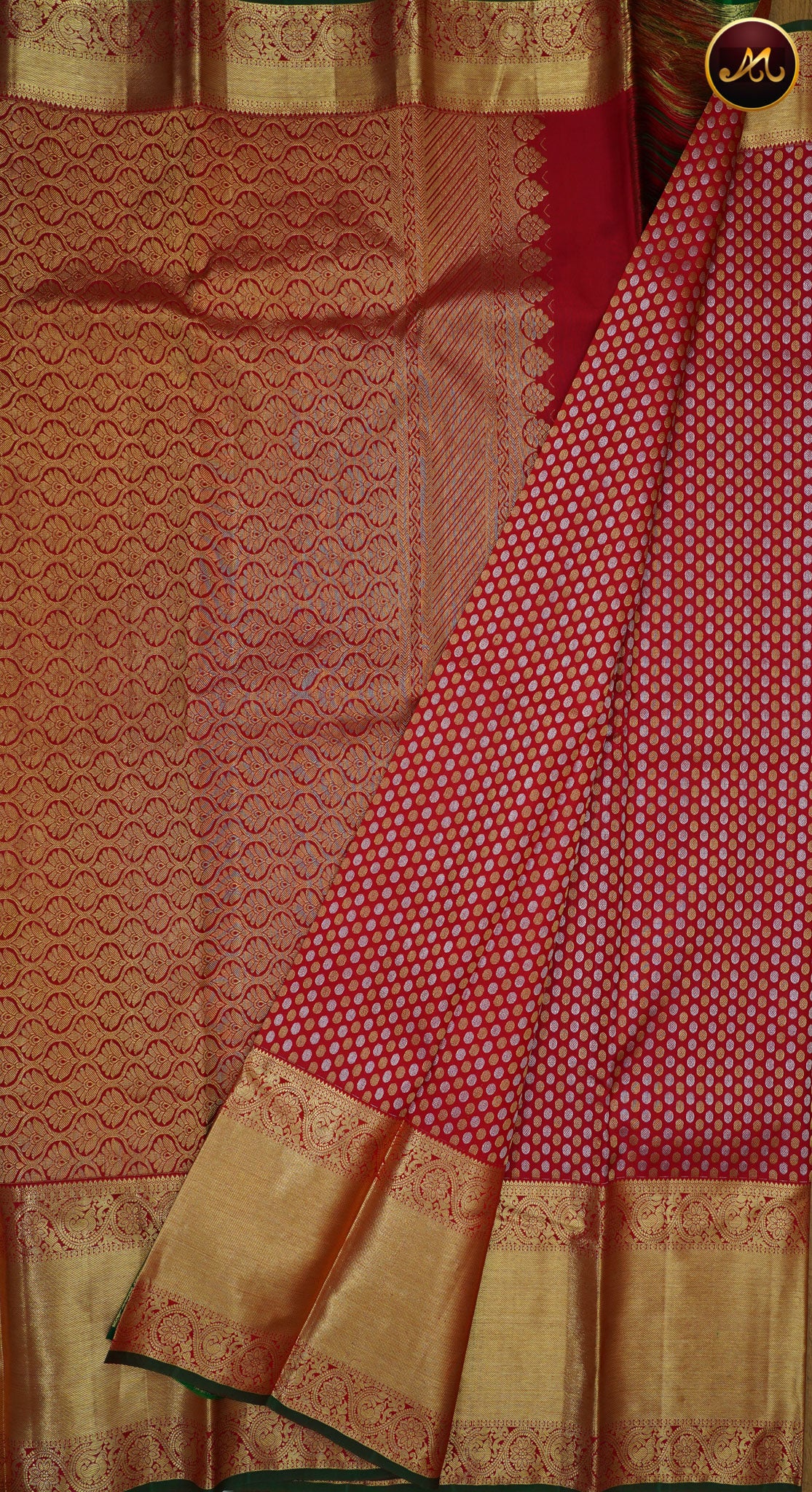 Kanchivaram Pure Silk Saree in red and green combination with brocade work, koravai long and short border in gold zari and rich pallu