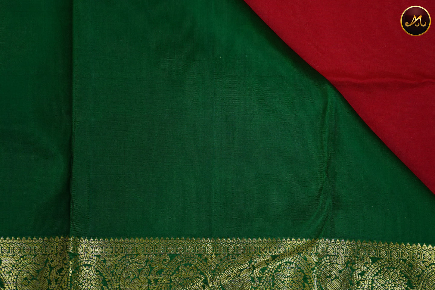 Kanchivaram Pure Silk Saree in red and green combination with brocade work, koravai long and short border in gold zari and rich pallu