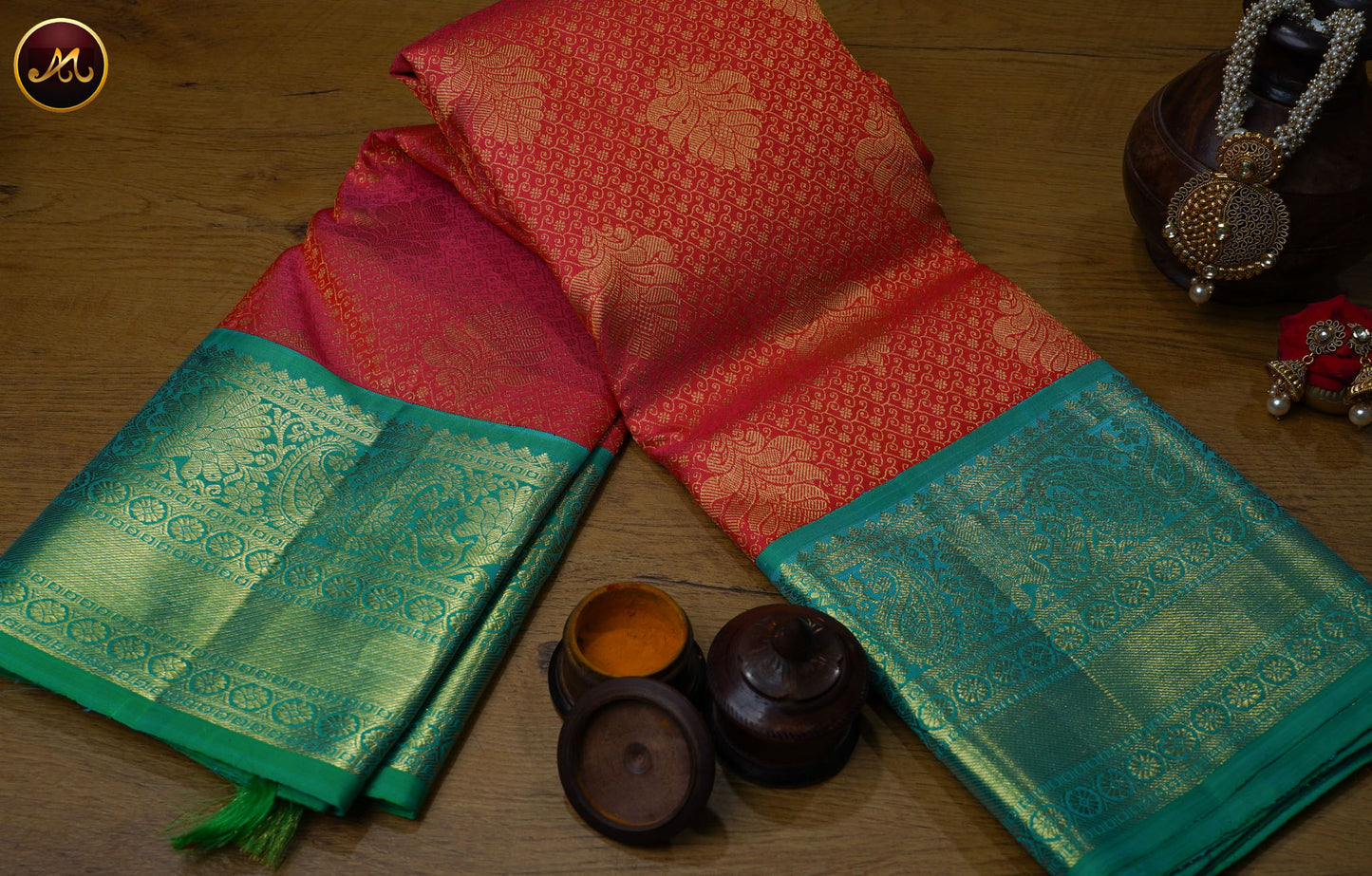 Kanchivaram Pure Silk Saree in peach orange with rama green combination with brocade work, gold zari border and rich pallu
