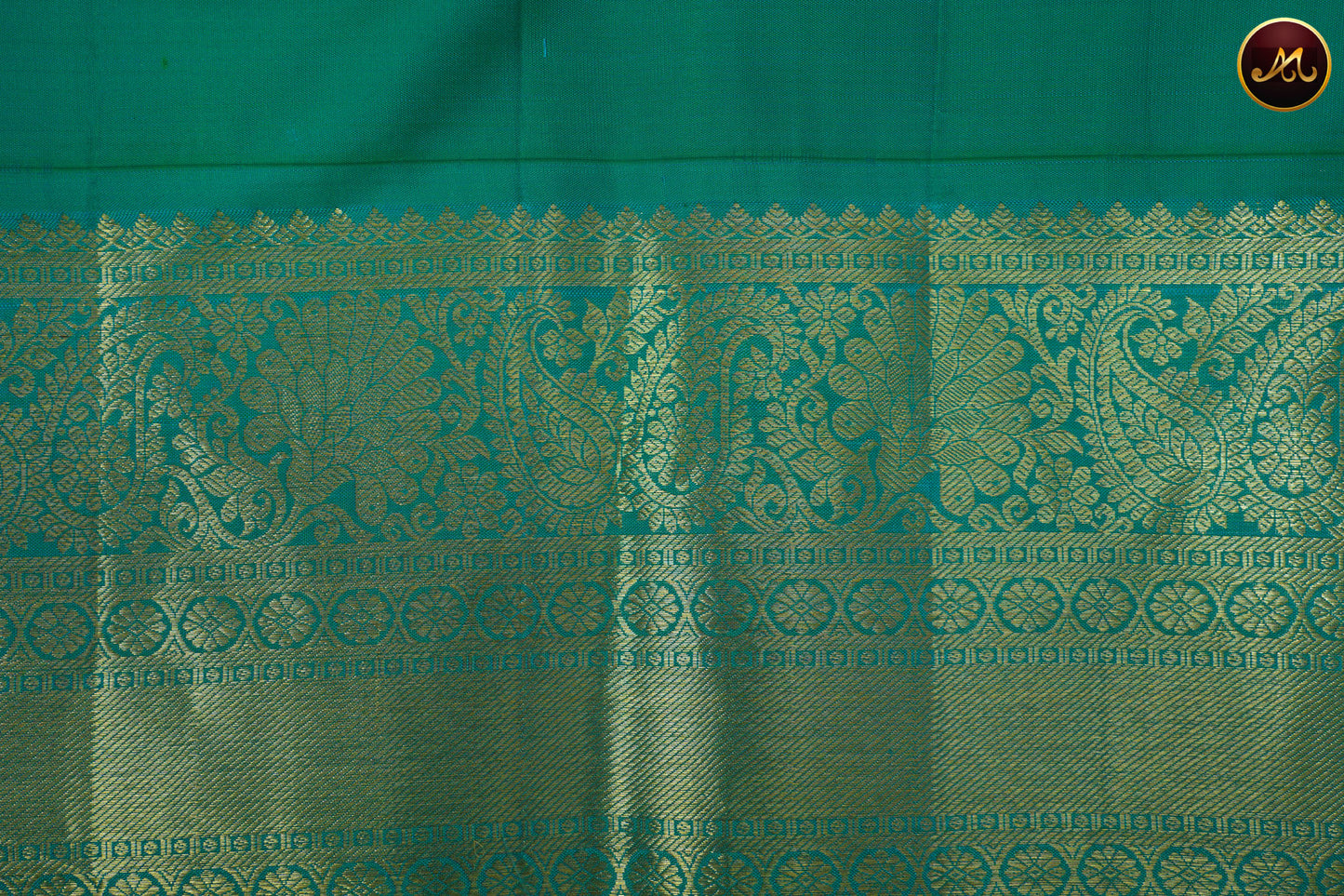 Kanchivaram Pure Silk Saree in peach orange with rama green combination with brocade work, gold zari border and rich pallu