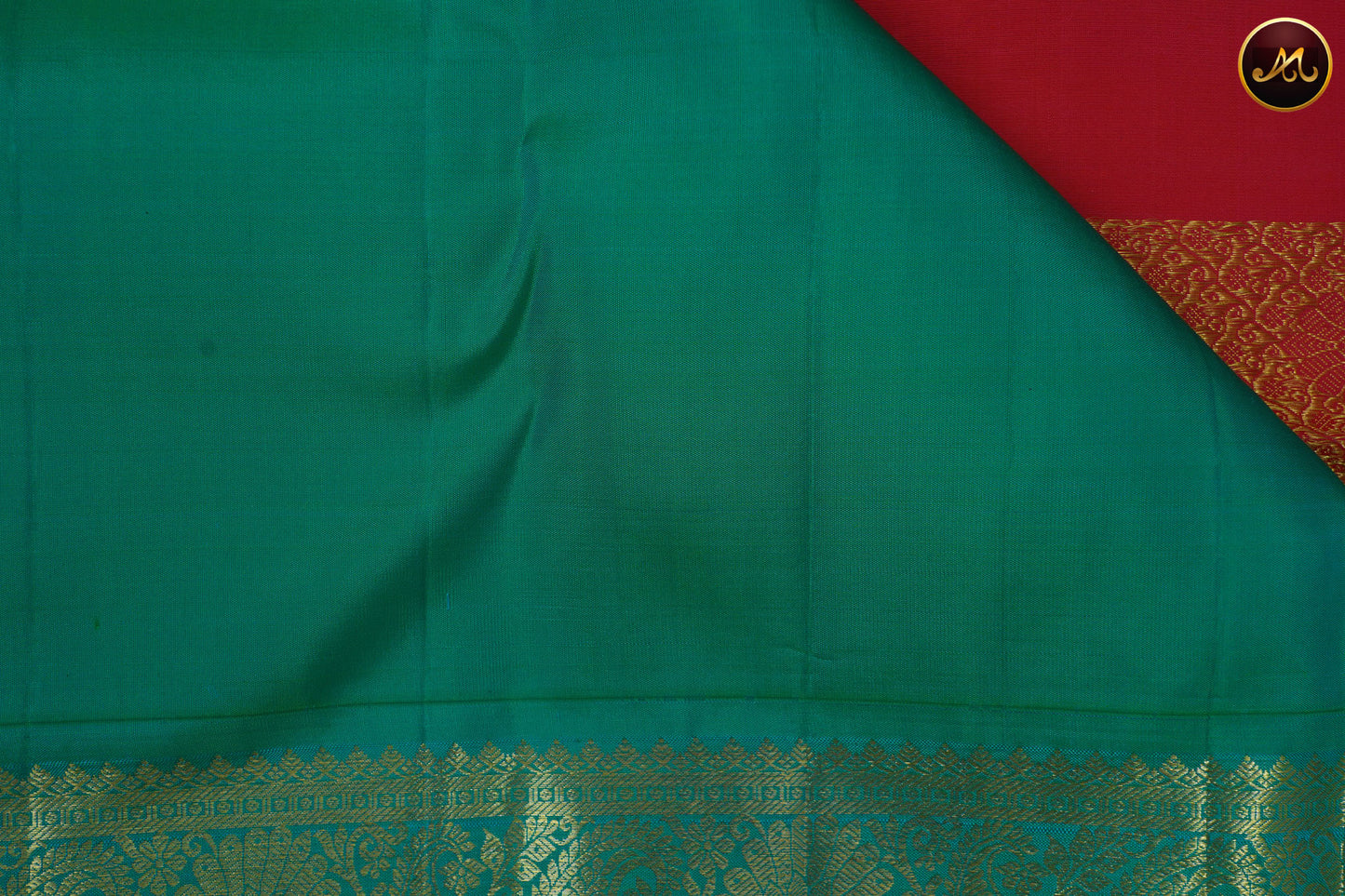 Kanchivaram Pure Silk Saree in peach orange with rama green combination with brocade work, gold zari border and rich pallu