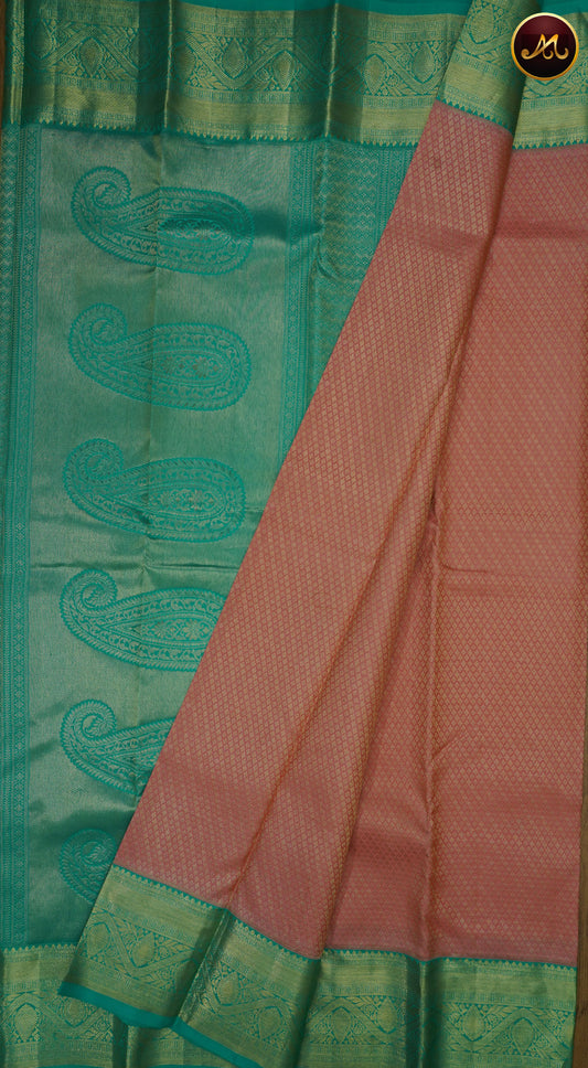 Kanchivaram Pure Silk Saree in ponds pink and rama green combination with brocade work, gold zari border and rich pallu