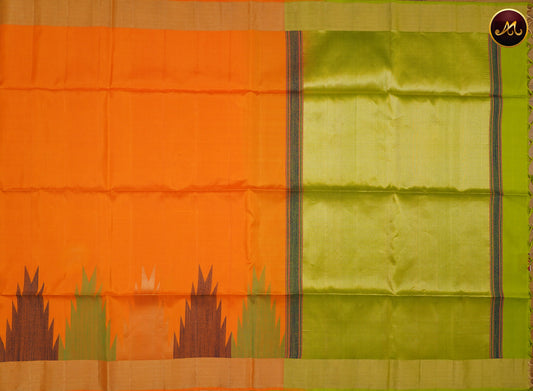 Kanchi Soft Silk Saree in Mango Orange and Mehendi Green Combination with Silk and Zari Pallu and simple border
