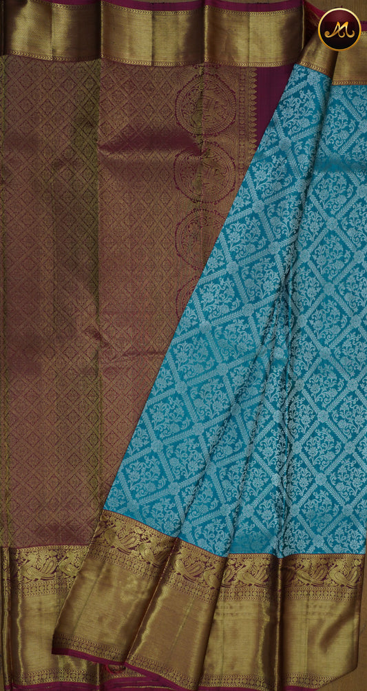 Kanchivaram Pure Silk Saree in ash blue and snuff combination, brocade work, long and short border in gold zari and rich pallu