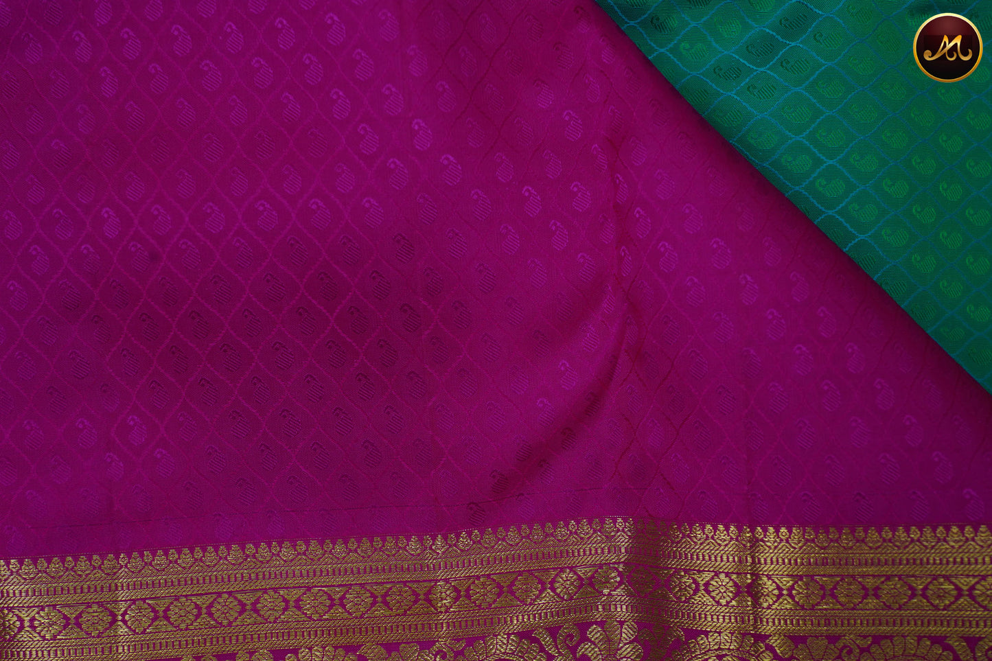 Kanchivaram Pure Silk Saree in rama green and pink combination, brocade work, long and short border in gold zari and rich pallu