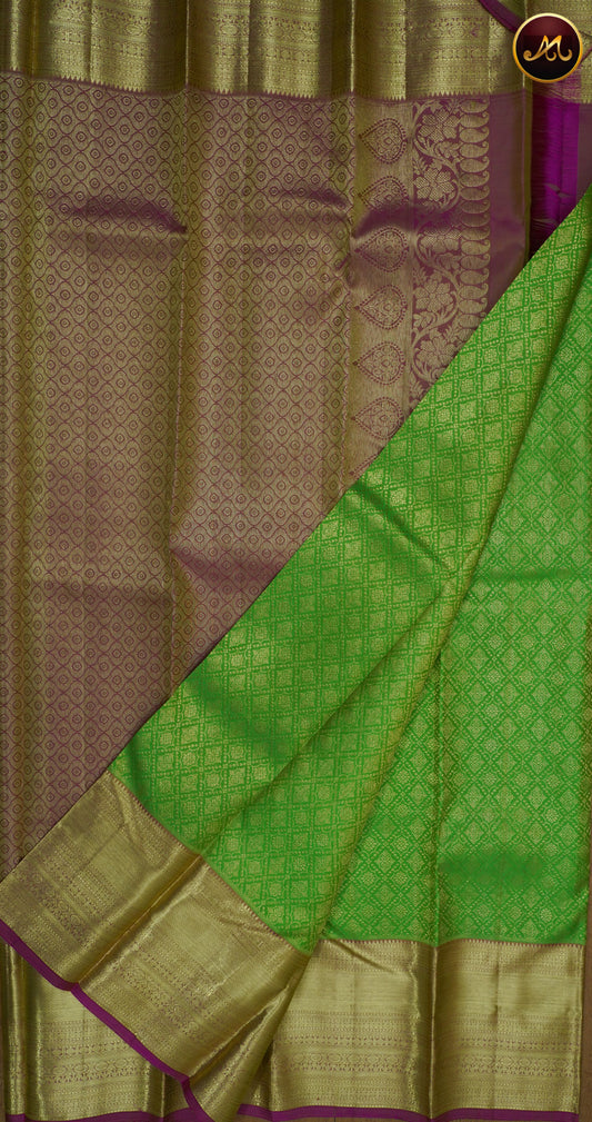 Kanchivaram Pure Silk Saree in parrot green and pink combination, brocade work, long and short border in gold zari and rich pallu