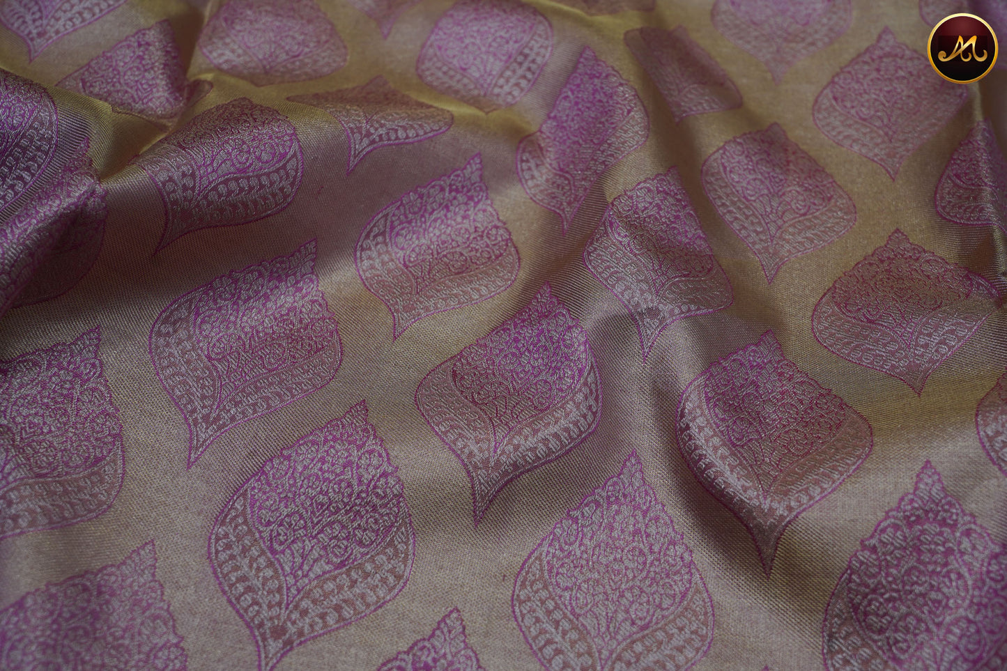 Kanchivaram Pure Silk Tissue Saree in pink and purple combination, emboss work, gold zari border and rich pallu
