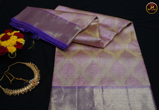 Kanchivaram Pure Silk Tissue Saree in pink and purple combination, emboss work, gold zari border and rich pallu