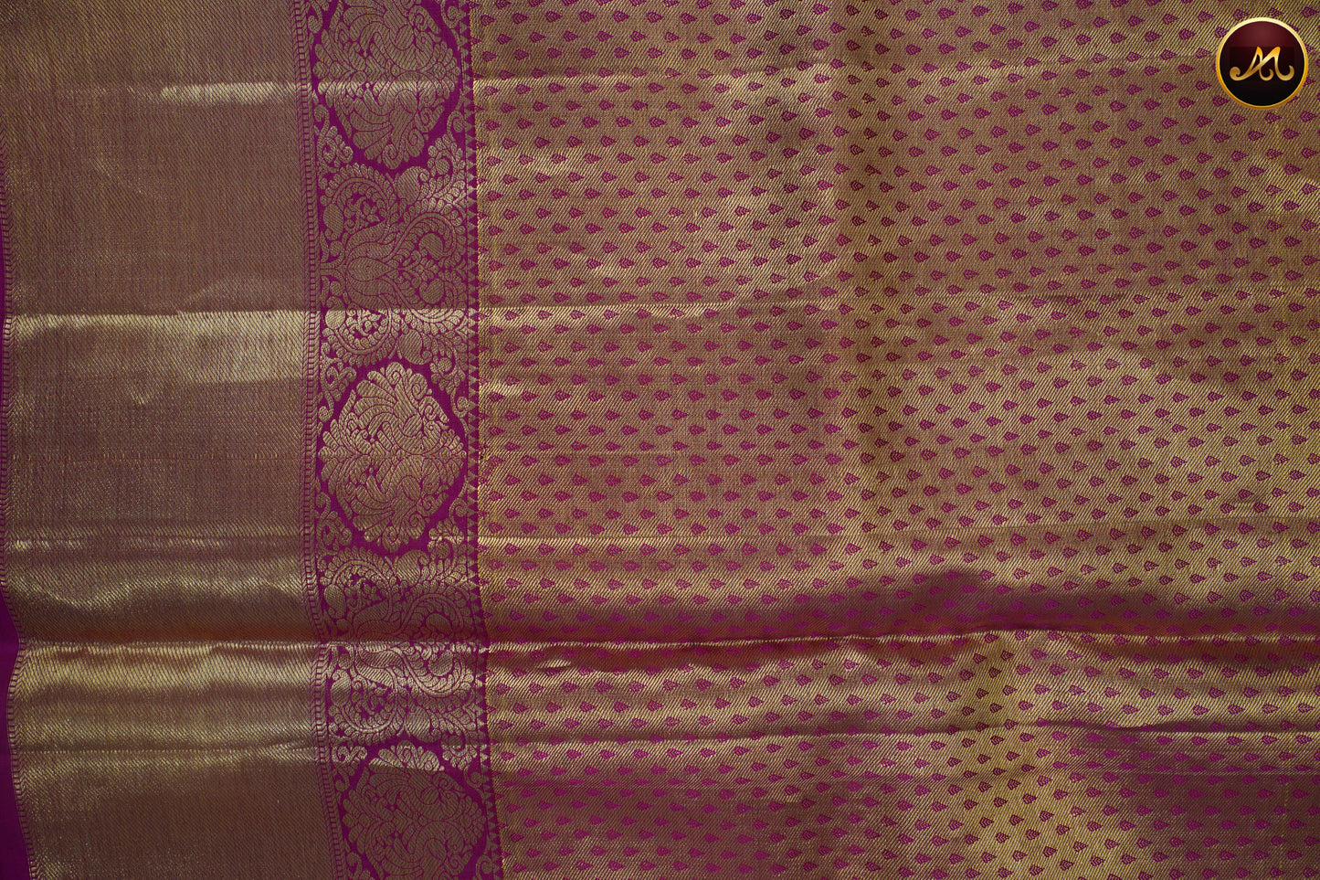 Kanchivaram Pure Silk Tissue Saree in beige with rani pink combination, emboss work, long and short border with gold zari and rich pallu