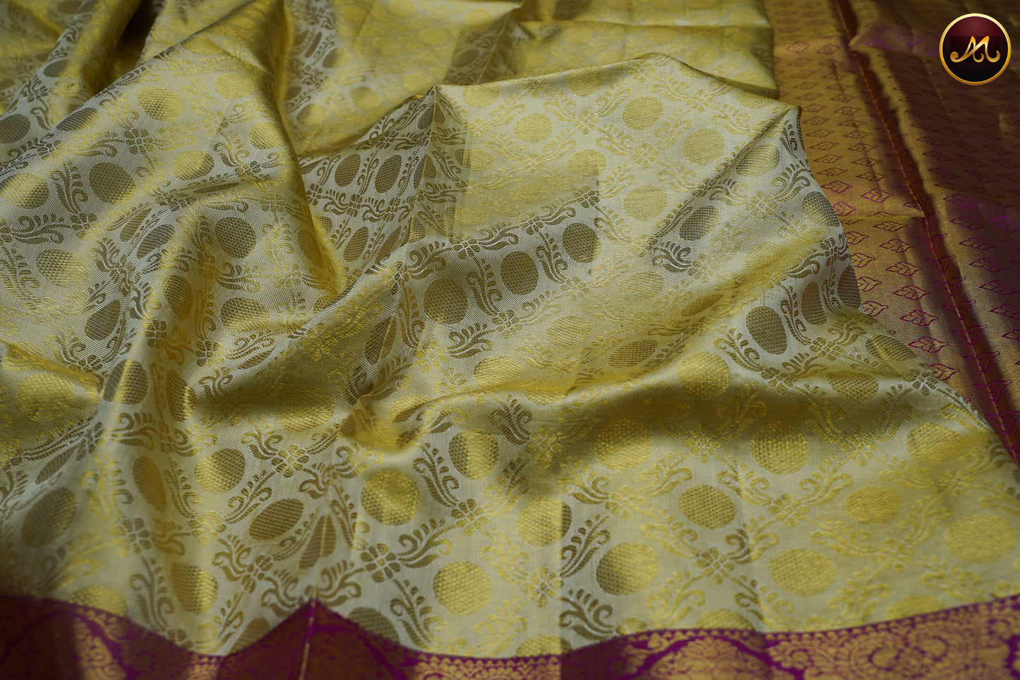 Kanchivaram Pure Silk Tissue Saree in beige with rani pink combination, emboss work, long and short border with gold zari and rich pallu