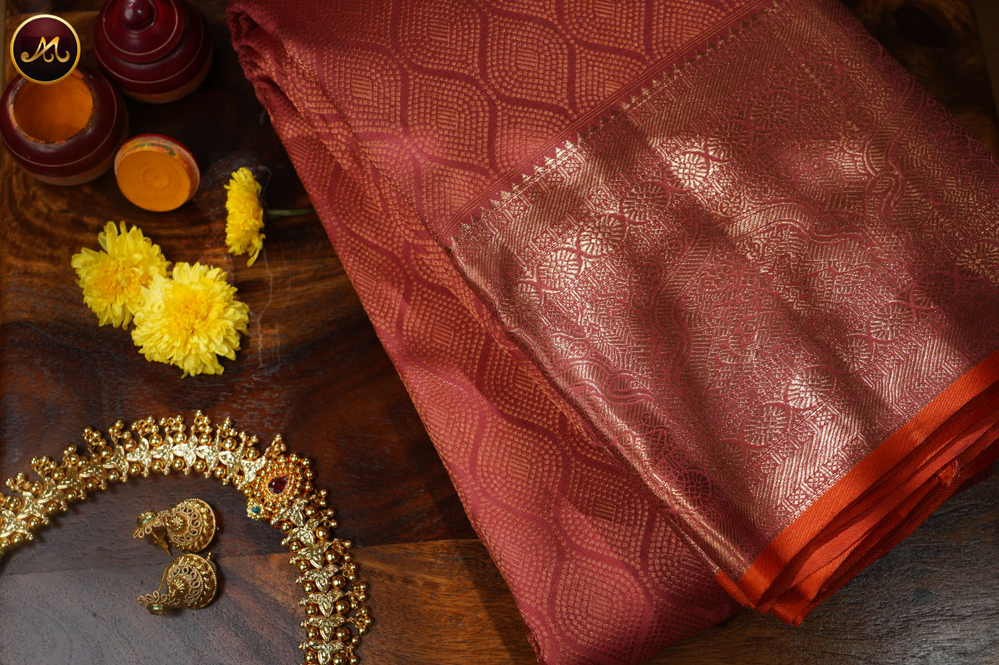 Kanchivaram Pure Silk Saree in light brown combination in self brocade work, gold zari border and rich pallu